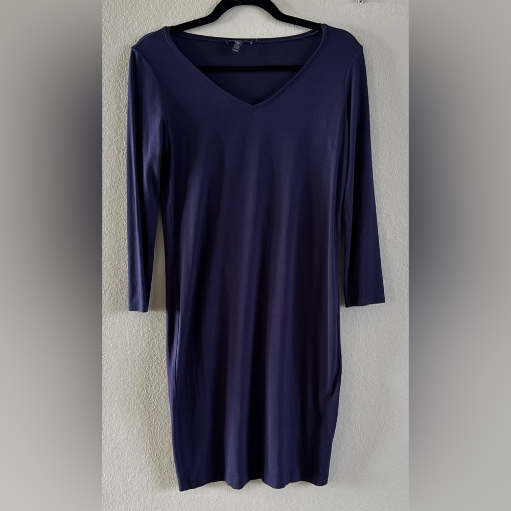 Eileen Fisher Women’s Dress Navy Blue XS Long Sleeves V-Neck Excellent Condition